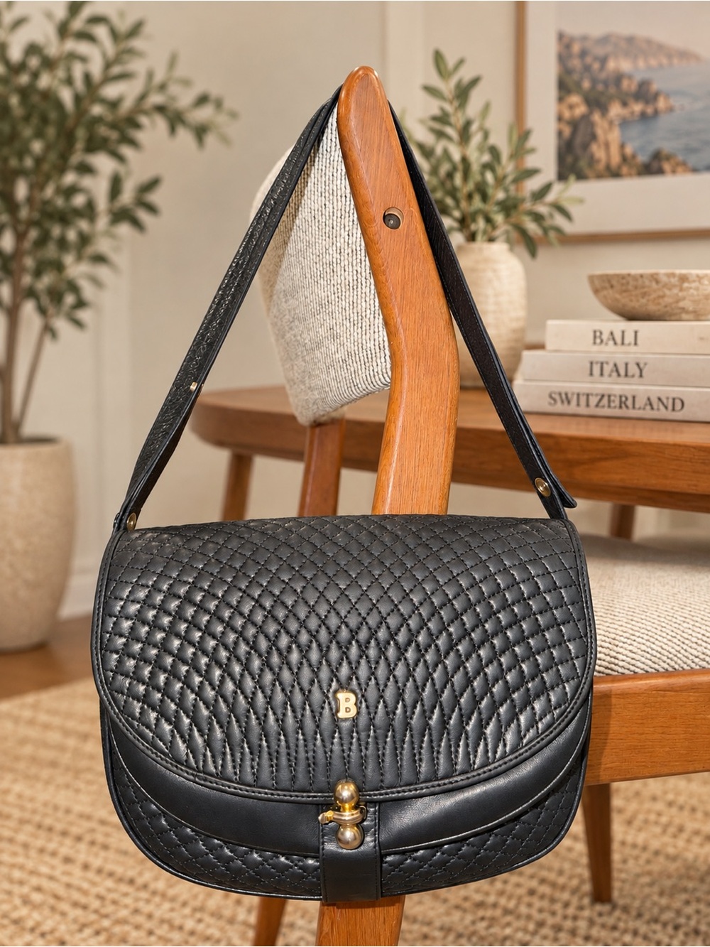 Vintage Bally Black Quilted Lambskin Leather Shoulder Bag Gold B Logo